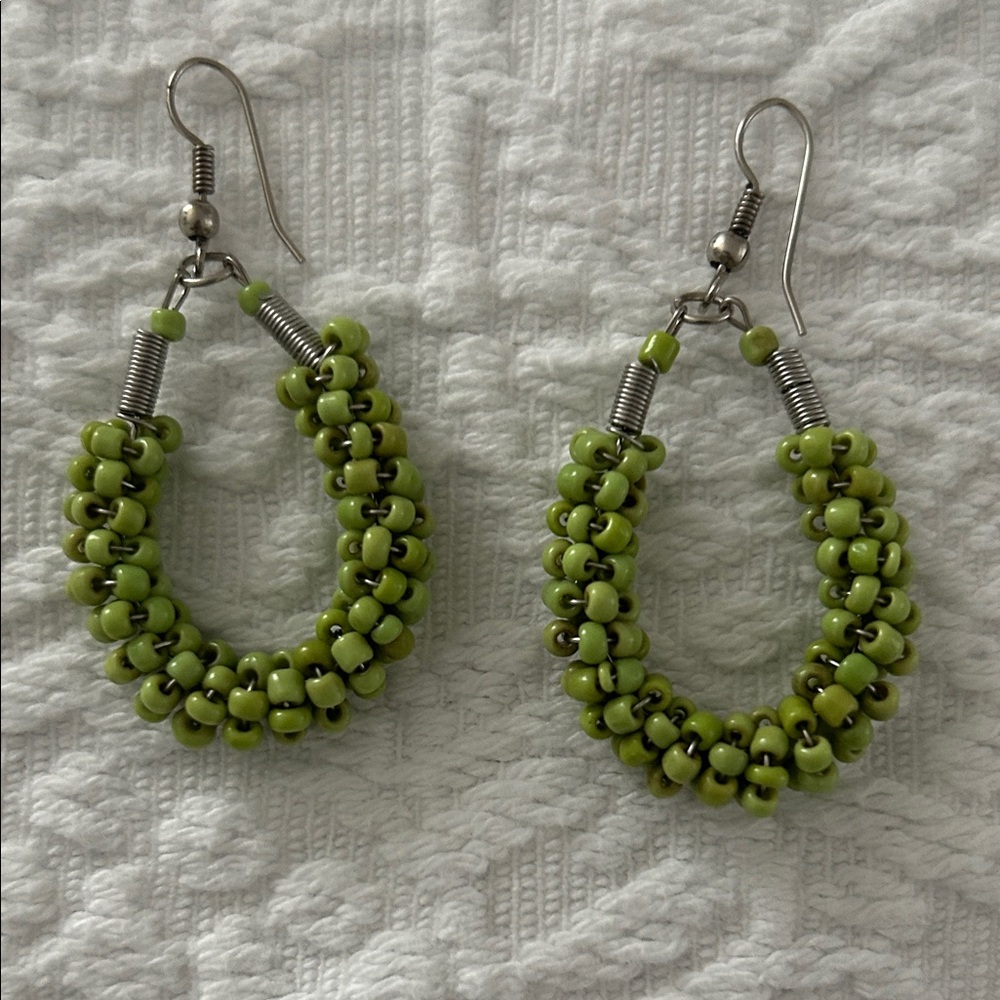 Green Beaded Hoop Earrings